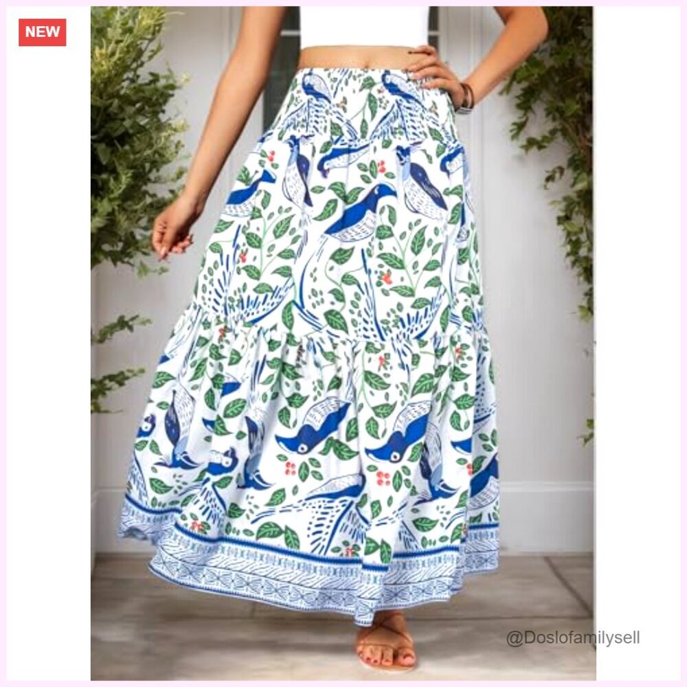 Women's High Waist Elastic Pleated A-Line Maxi Skirt Flowy Long Boho - Picture 3 of 7